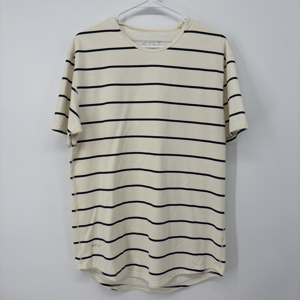 BYLT Basics Cream and Black Striped Short Sleeve Tee